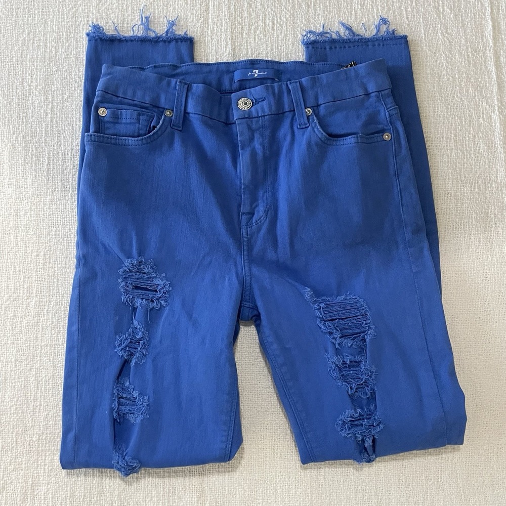 Seven7 Jeans‎ Women 26 Blue Skinny Mid Rise Pants Distressed Denim Preppy Logo